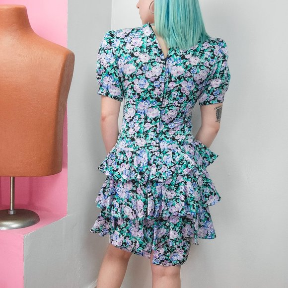 Vintage 80s Pastel Floral Print Ruffled Party Dress - Picture 2 of 9
